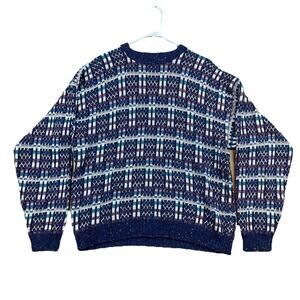 Vintage Mens Etchings Sweater L Multicolor Geometric Knit Crewneck 90s Pullover